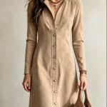 New Autumn Womens Solid-Color Faux Suede Buttoned Slim-Fit Long Dress