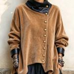 Corduroy And Leather Patchwork Asymmetrical Stand-collar Coat