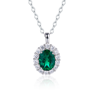 S925 Silver 2.9g 1ct Lab-Created Emerald Halo Necklace, 40&5cm Adjustable