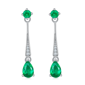 S925 Silver 1.7g Lab-Created Emerald Drop Earrings, 0.5ct 6x4mm Pear & Round, Pair