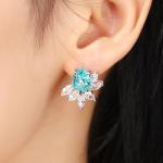 S925 Silver 7.3g Lab Created Gemstone Earrings, 10x8mm Multi-Color Flower Studs, Ruby Sapphire Emerald Paraiba