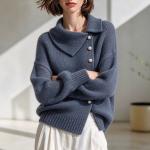 Cardigan Asymmetric Wide Collar Pearl Buckle Knitted Sweater