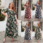 Womens Plus-Size Printed Bohemian French-Style Midi Dress
