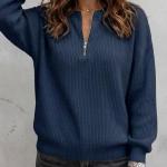 Women's Solid-color Zip-up Long-sleeve Casual Loose-fit Crew-neck Top