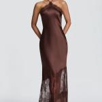 Retro Leopard-print Lace-trimmed Halter-neck Dress