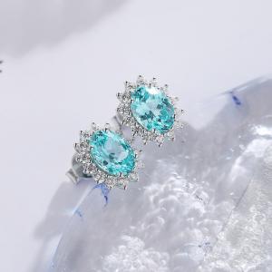 S925 Silver 3.1g Lab-Created Ruby Sapphire Emerald Paraiba Earrings, 8x6mm Halo, 4 Colors