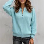 Women's Solid-color Zip-up Long-sleeve Casual Loose-fit Crew-neck Top