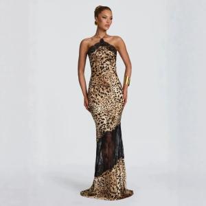 Retro Leopard-print Lace-trimmed Halter-neck Dress