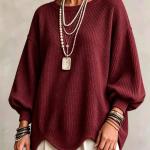Women's Autumn Round-Neck Lantern-Sleeve Top With Irregular Wavy Hem