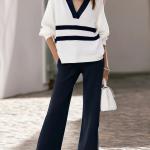 Womens Casual Color-Block Striped Top And Pants Set