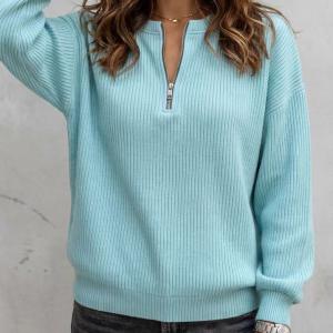Women's Solid-color Zip-up Long-sleeve Casual Loose-fit Crew-neck Top