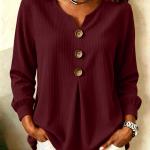 Loose-fit V-neck Button-down Solid-color Casual Top For Fallwinter