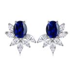 S925 Silver 7.3g Lab Created Gemstone Earrings, 10x8mm Multi-Color Flower Studs, Ruby Sapphire Emerald Paraiba