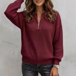 Women's Solid-color Zip-up Long-sleeve Casual Loose-fit Crew-neck Top
