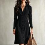 New Autumn Womens Solid-Color Faux Suede Buttoned Slim-Fit Long Dress