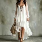 Women's Fashion Pure Color Mesh Irregular Flowy Dress