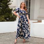 Womens Plus-Size Printed Bohemian French-Style Midi Dress