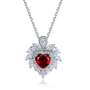 S925 Silver 4.3g Heart Lab-Created Gemstone Necklace, 7mm 5 Colors, 40&5cm