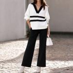 Womens Casual Color-Block Striped Top And Pants Set