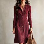 New Autumn Womens Solid-Color Faux Suede Buttoned Slim-Fit Long Dress