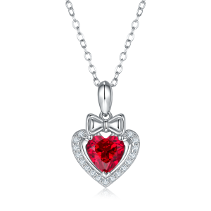 S925 Silver 3g Platinum Plated 1.56ct Lab-Created Ruby Heart Necklace, 7mm Pendant, 40&5cm