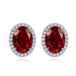 S925 Silver 1.9g Lab-Created Ruby Sapphire Earrings, 7x5mm Halo Studs, 2 Colors