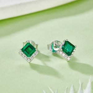S925 Silver Platinum Plated Lab-Created Emerald Earrings, 0.3&2.5ct Princess Cut Studs, Pair