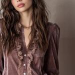 European And American Vintage Velvet Women's V-neck Blouse