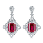 S925 Silver 4.4g Platinum Plated Lab-Created Ruby Drop Earrings, 8x6mm Emerald Cut 4ct, Pair