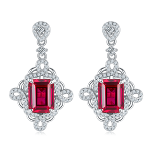 S925 Silver 4.4g Platinum Plated Lab-Created Ruby Drop Earrings, 8x6mm Emerald Cut 4ct, Pair