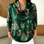 Autumn Christmas Tree Bow Print Turtleneck Printed Long-Sleeve Womens Top