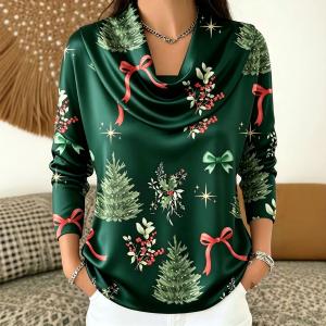 Autumn Christmas Tree Bow Print Turtleneck Printed Long-Sleeve Womens Top