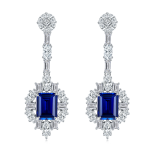 S925 Silver 8.7g Lab-Created Sapphire Drop Earrings, 5.55ct 9x7mm Emerald Cut, Pair
