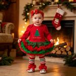 Baby Christmas Long-sleeve Cartoon Romper Dress Red Tulle One-piece Outfit Four-piece Set