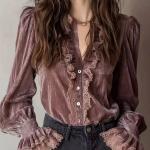 European And American Vintage Velvet Women's V-neck Blouse
