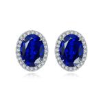 S925 Silver 1.9g Lab-Created Ruby Sapphire Earrings, 7x5mm Halo Studs, 2 Colors