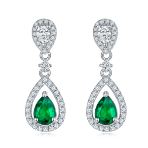 S925 Silver 3.5g Platinum Plated 1.6ct Lab-Created Emerald Drop Earrings, 7x5mm Pear Cut, Pair
