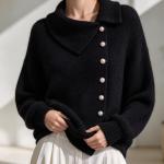 Cardigan Asymmetric Wide Collar Pearl Buckle Knitted Sweater