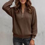 Women's Solid-color Zip-up Long-sleeve Casual Loose-fit Crew-neck Top