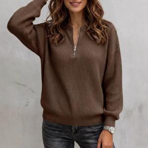 Women's Solid-color Zip-up Long-sleeve Casual Loose-fit Crew-neck Top