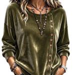 Solid-color Velvet Long-sleeve Top With Slanted Wooden Buttons Asymmetrical Round Neckline