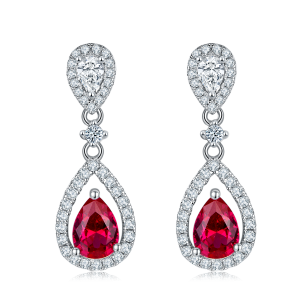 S925 Silver 3.9g Lab-Created Ruby Drop Earrings, 0.8ct 7x5mm Halo, Pair