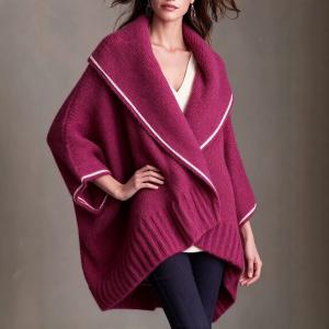 Loose Knitted Cape And Shawl Coat Large Lapel Contrast Color White Edge