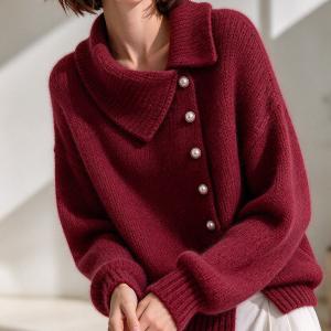Cardigan Asymmetric Wide Collar Pearl Buckle Knitted Sweater