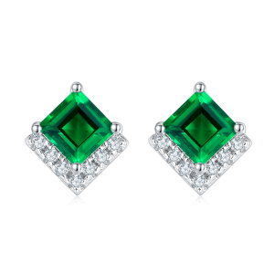 S925 Silver Platinum Plated Lab-Created Emerald Earrings, 0.3&2.5ct Princess Cut Studs, Pair