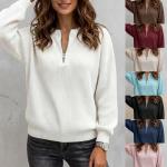 Women's Solid-color Zip-up Long-sleeve Casual Loose-fit Crew-neck Top