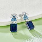 S925 Silver 6.5g 8ct Lab-Created Sapphire Drop Earrings, 10x8mm Emerald Cut, Pair