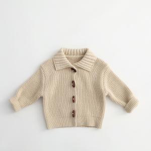 Solid-color Horn-button Cardigan Childrens Cotton Knit Jacket