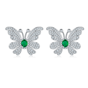 S925 Silver 6.6g Platinum Plated Butterfly Earrings, 0.39ct Lab-Created Emerald, Pair