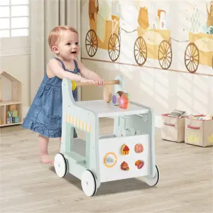 2-in-1 Baby Walker with 8 Fun Activities (Dessert Sorter/Adjustable Clock/Maze) + Side Shop Window (Role Play)-Light Green